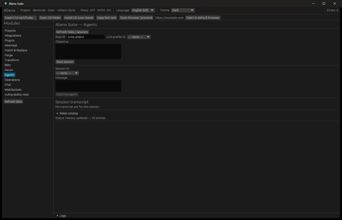Agents module with AiLienX session and role catalog