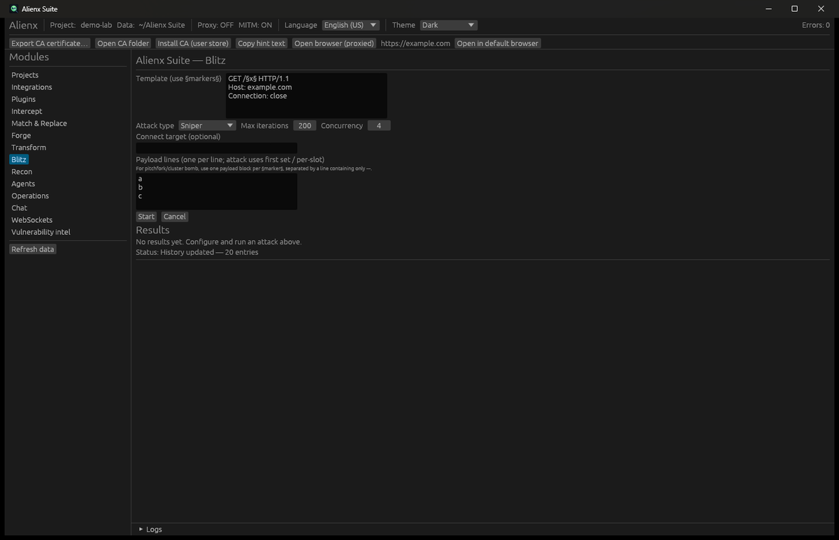 Blitz fuzzing module with payload sets and results grid