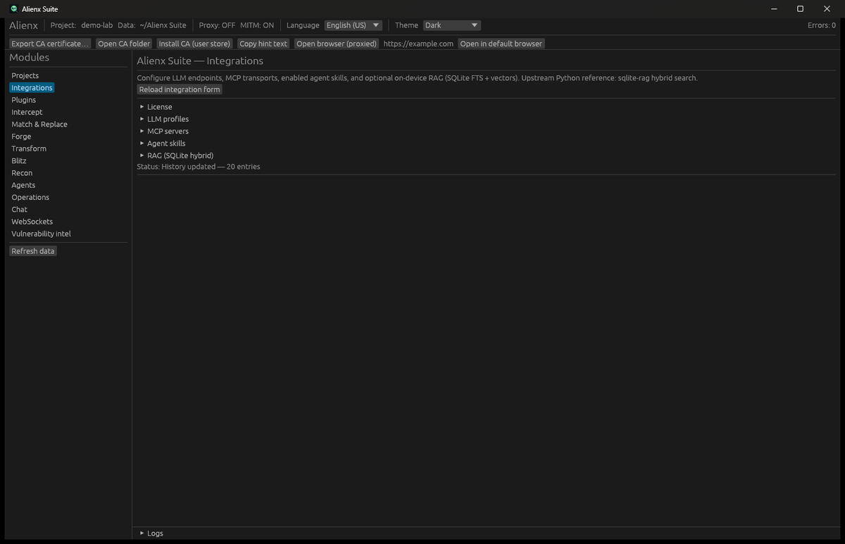 Integrations view showing MCP server configuration