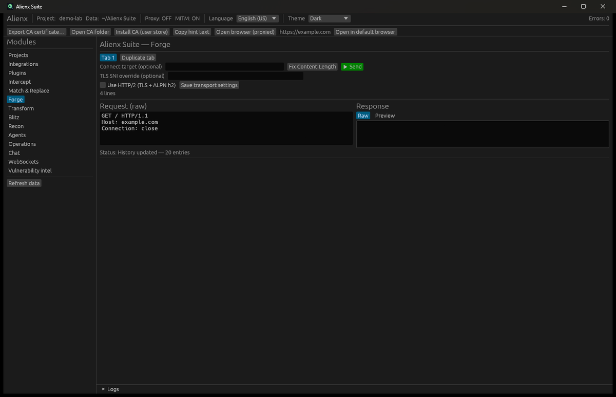 Forge module with raw HTTP request editor