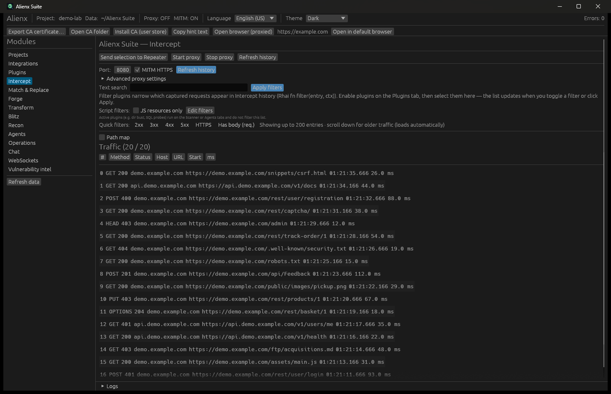Alienx Suite Intercept module — actual product screenshot