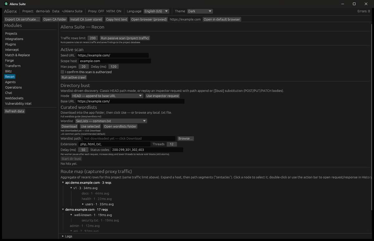 Recon module with route map and findings